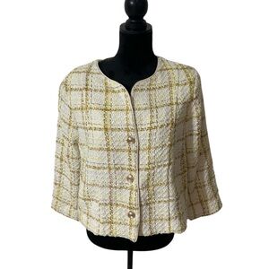 CAbi tweed Jacket yellow cream white plaid Blazer Size XL